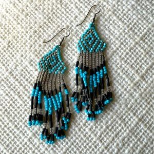 Aqua, black & smoky (grey/clear) diamond pattern fringe seed bead 3” earrings